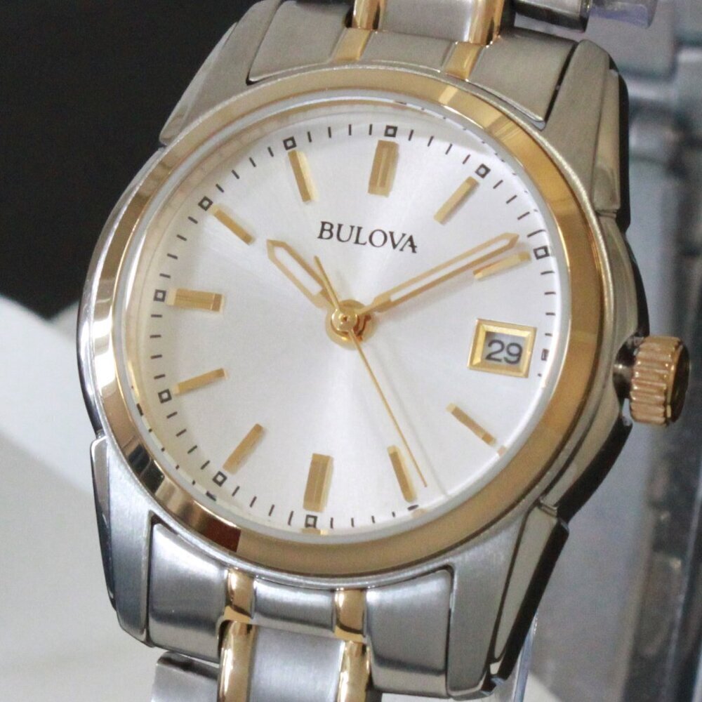 Bulova Women's Quartz Watch Two-Tone Case Silver Sunray Dial Date 26mm - Picture 10 of 13